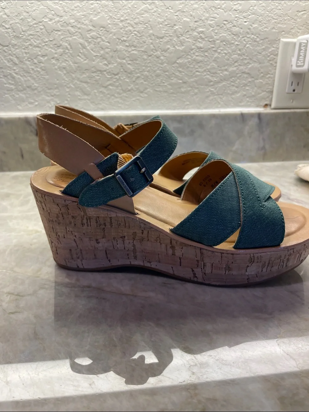Kork-Ease Green Fabric Cork Wedge Sandals